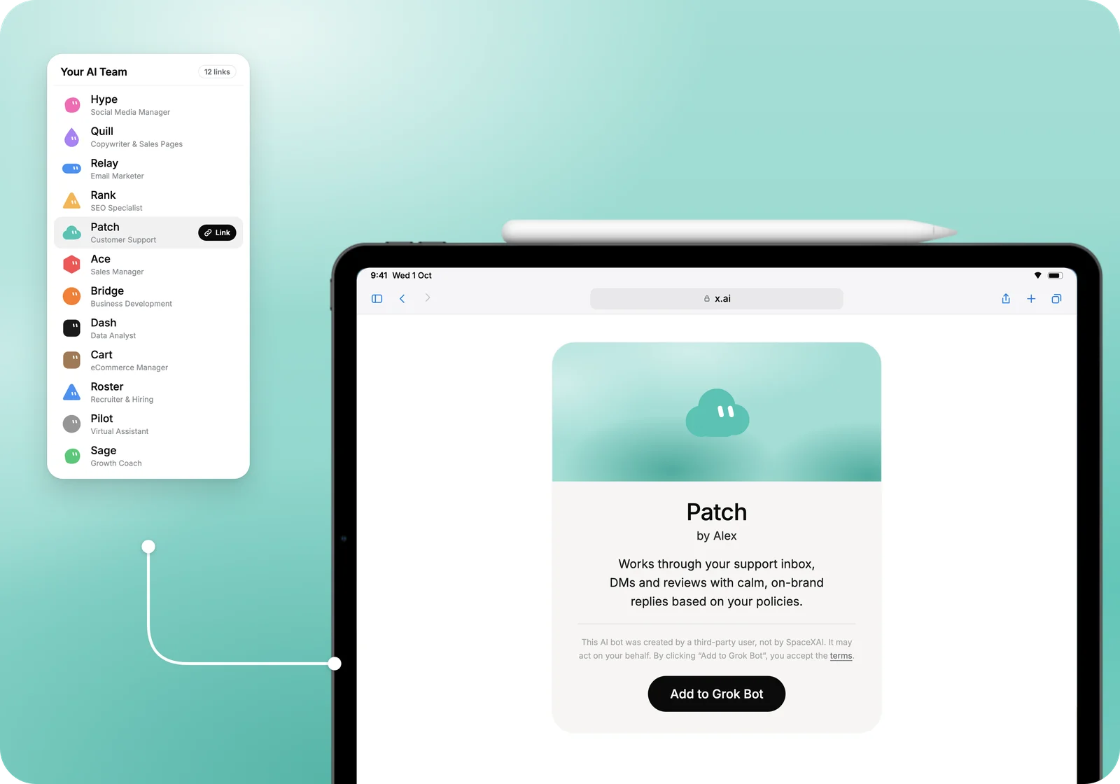 Your AI Team list with Patch&rsquo;s link, opening Patch&rsquo;s Grok Bot share page on an iPad