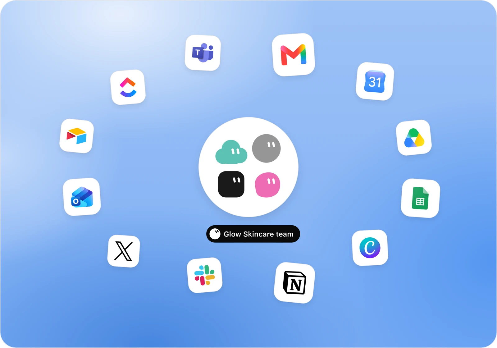 Your AI team in the middle of the apps you already use: Gmail, Google Calendar, Drive, Sheets, Canva, Notion, Slack, Outlook and more
