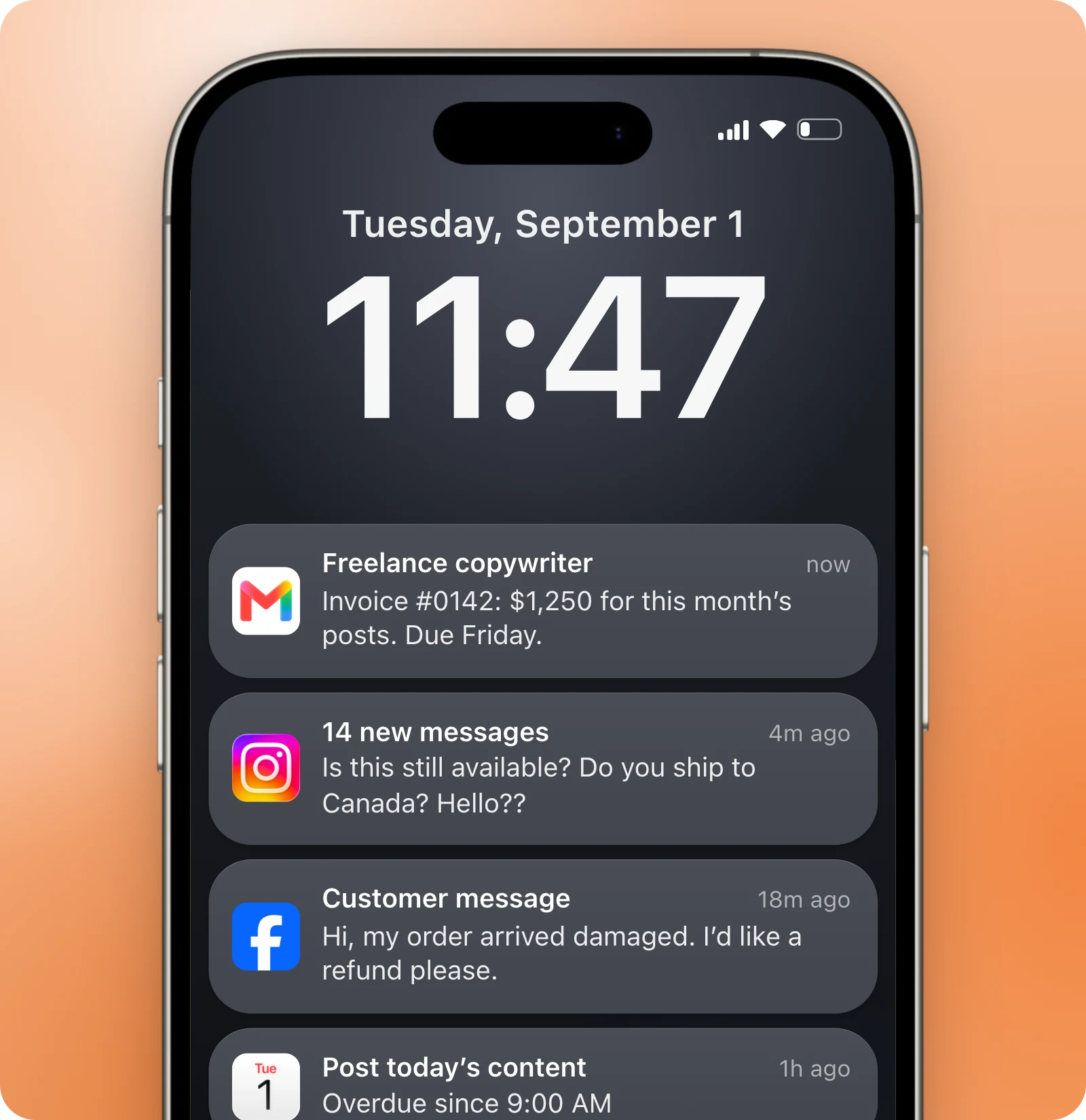 An iPhone lock screen at 11:47 PM full of work: a $1,250 freelancer invoice, 14 unanswered Instagram messages, a customer asking for a refund and an overdue post
