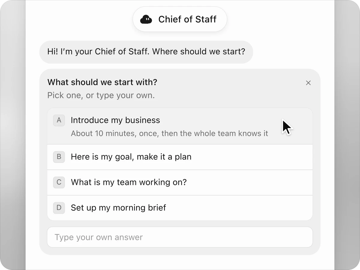 Step two: your Chief of Staff asks where to start, with Introduce my business at the top