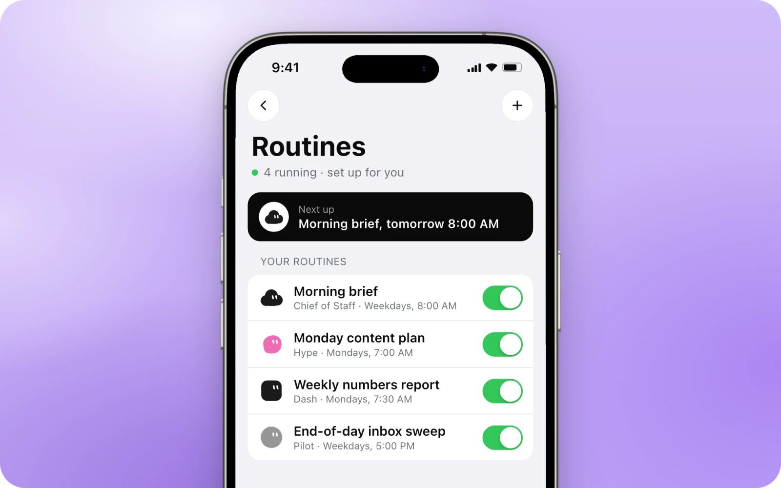 Routines Pack on an iPhone: morning brief, Monday content plan, weekly numbers report and end-of-day inbox sweep, all switched on, next up the morning brief at 8:00 AM