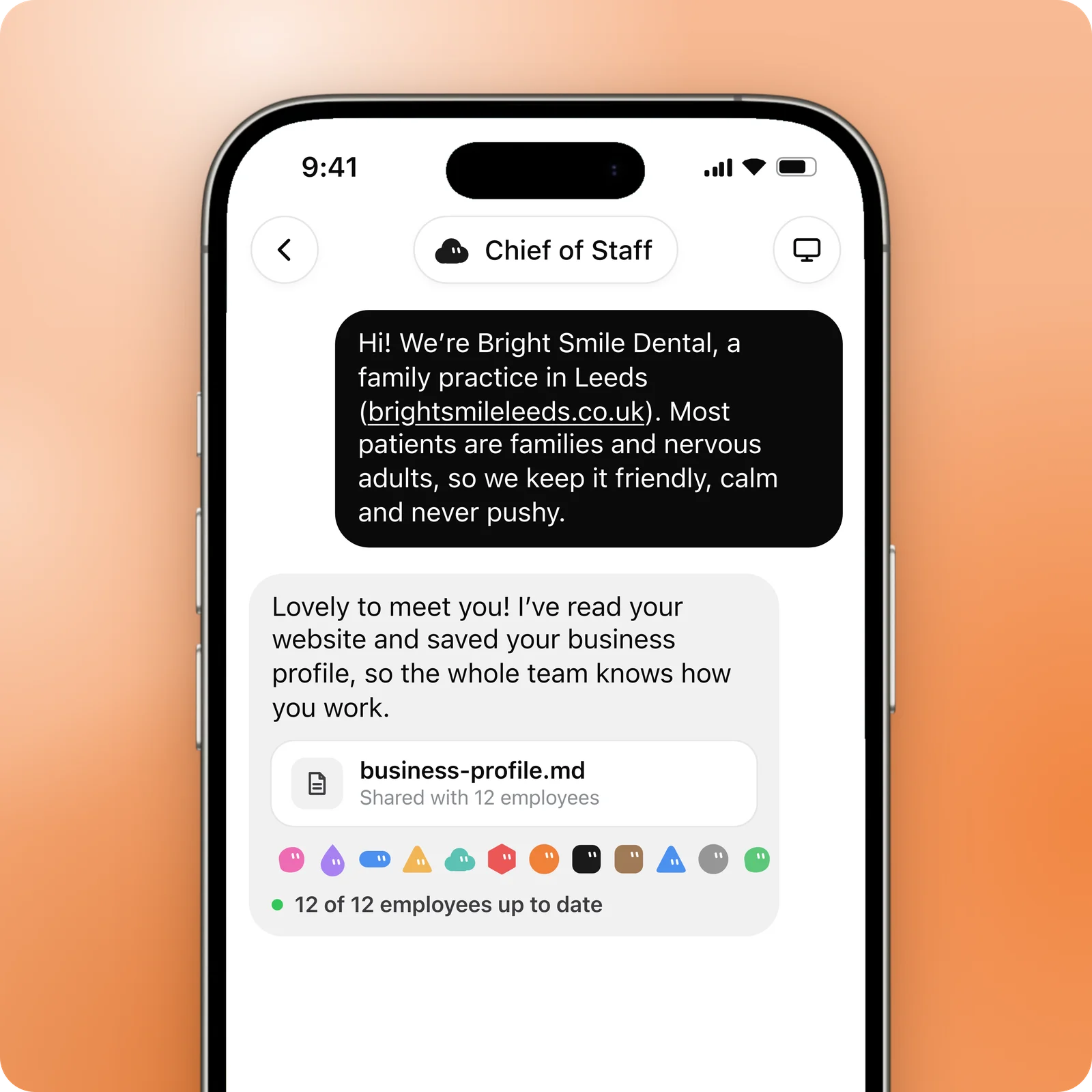 Grok Bot chat on an iPhone: a dental practice owner introduces the business once and the Chief of Staff saves a business profile shared with all 12 employees